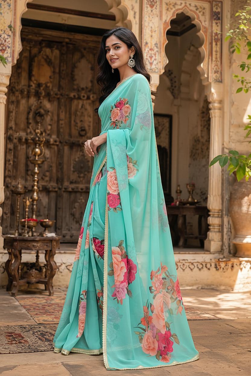 Georgette Floral Printed Saree With Unstitched Blouse(sky) image 2