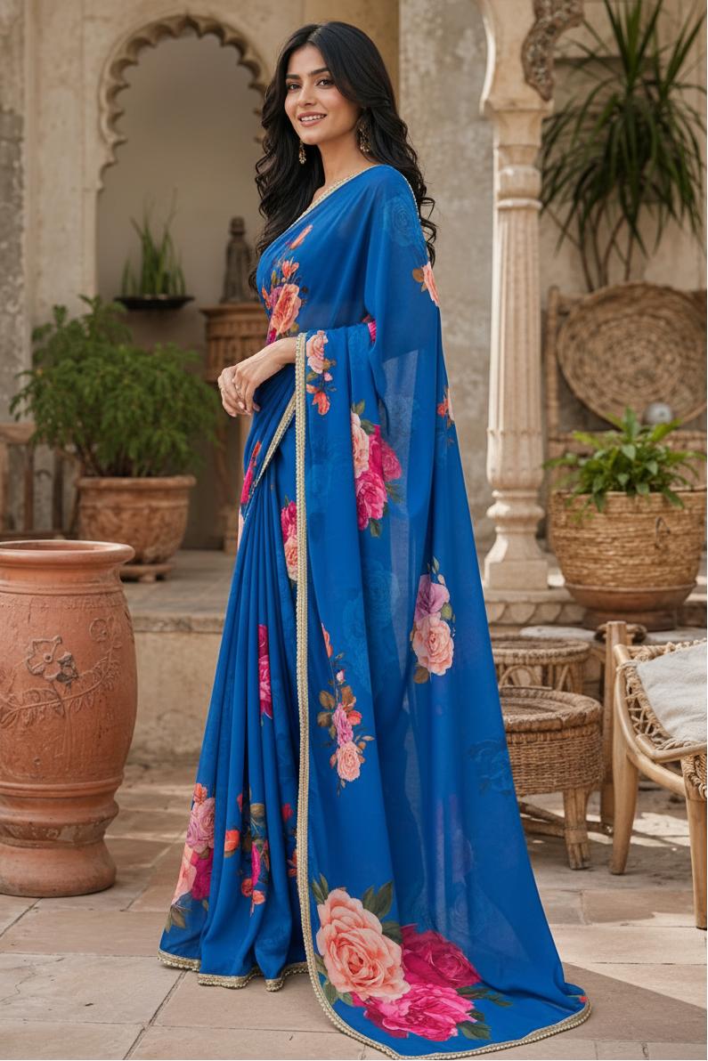 Georgette Floral Printed Saree With Unstitched Blouse(blue) image 2