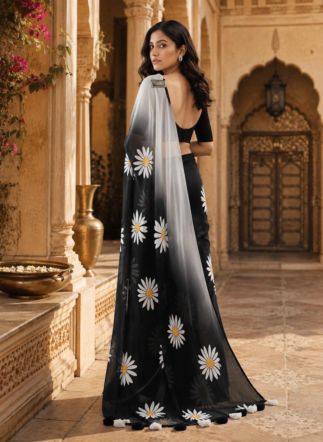 Blooming Georgette Floral Printed Saree With Unstitched Blouse(black) image 2