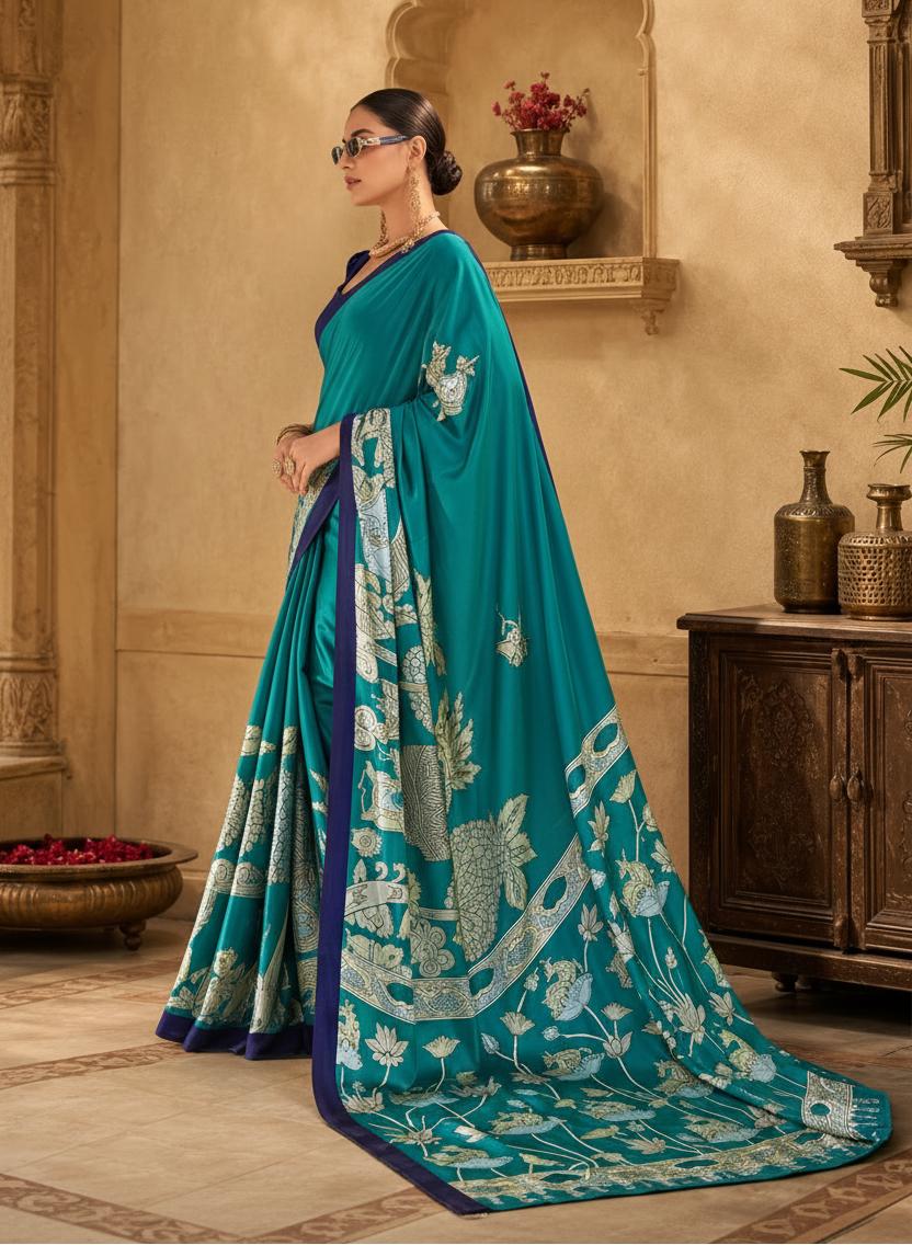 Satin Silk Kalamkari Print Saree With Unstitched Blouse(green) image 2
