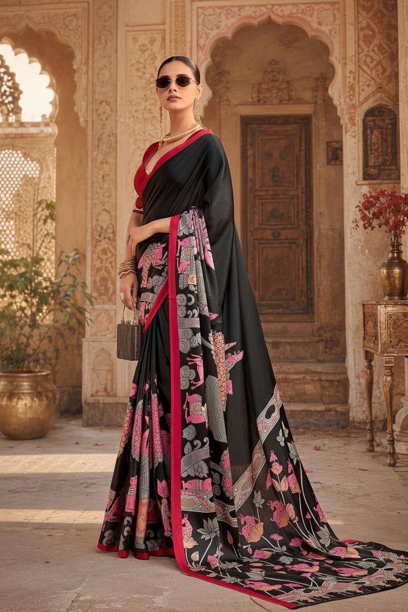 Satin Silk Kalamkari Print Saree With Unstitched Blouse(red) image 2