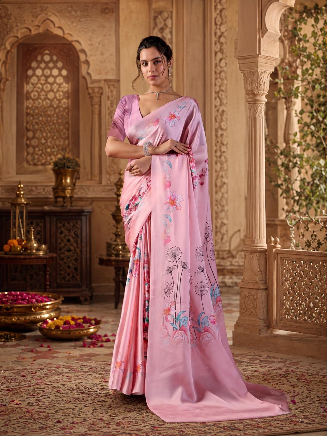 Satin Silk Floral Printed Saree With Unstitched Blouse(pink) image 2