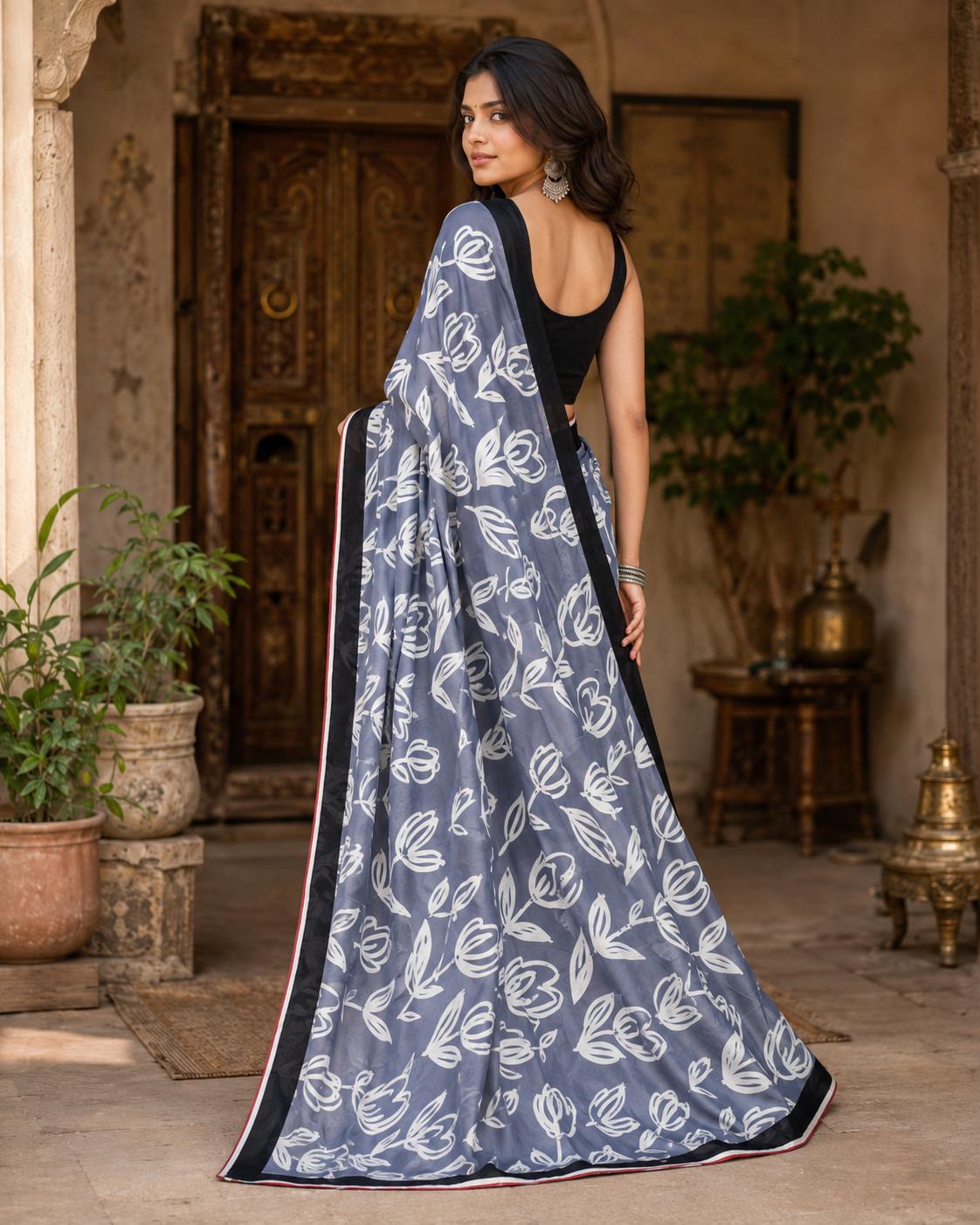 Satin Silk Printed Saree With Unstitched Blouse(grey) image 2