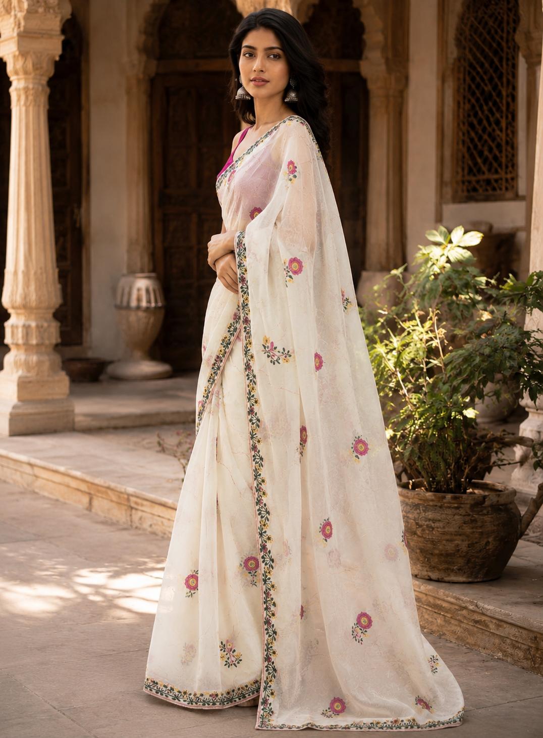 Star Georgette Ready To Wear Embroidery Work Saree With Unstitched Blouse(white) image 2
