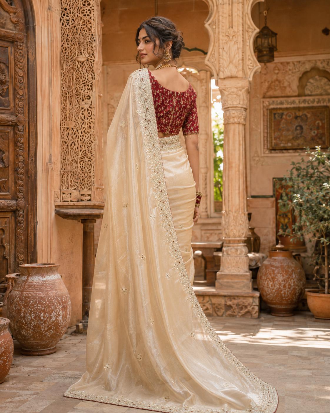 Satin Silk Sequins Thread Work Saree With Unstitched Blouse(beige) image 2