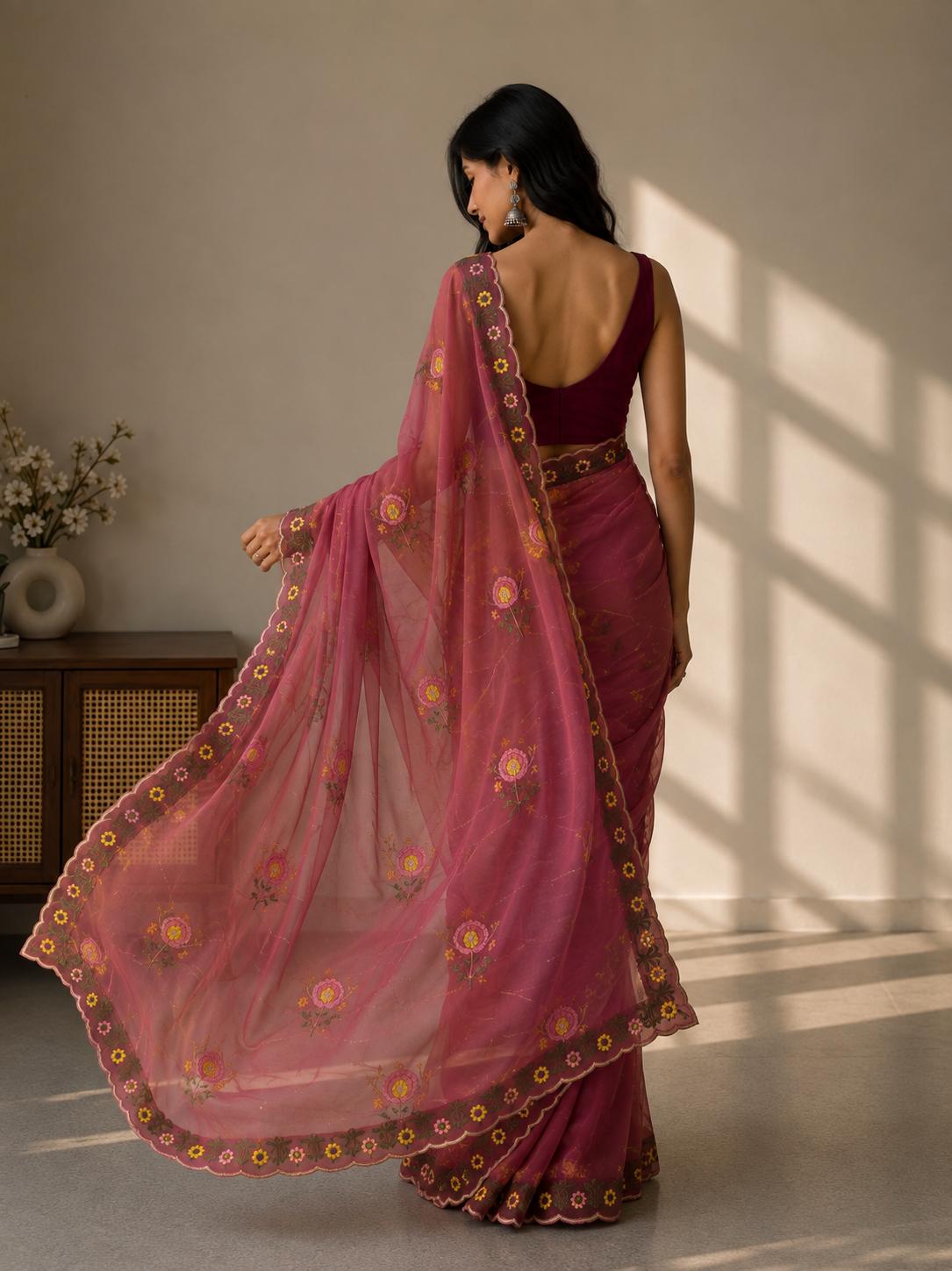 Star Georgette Ready To Wear Embroidery Work Saree With Unstitched Blouse (MAROON) image 2