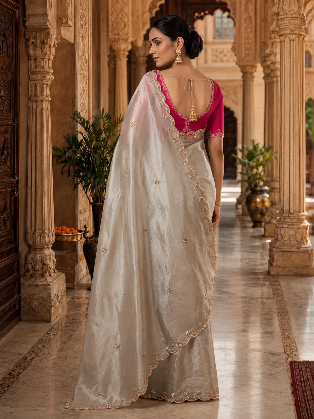 Satin Silk Embroidery Work Saree With Unstitched Blouse(off-white) image 2