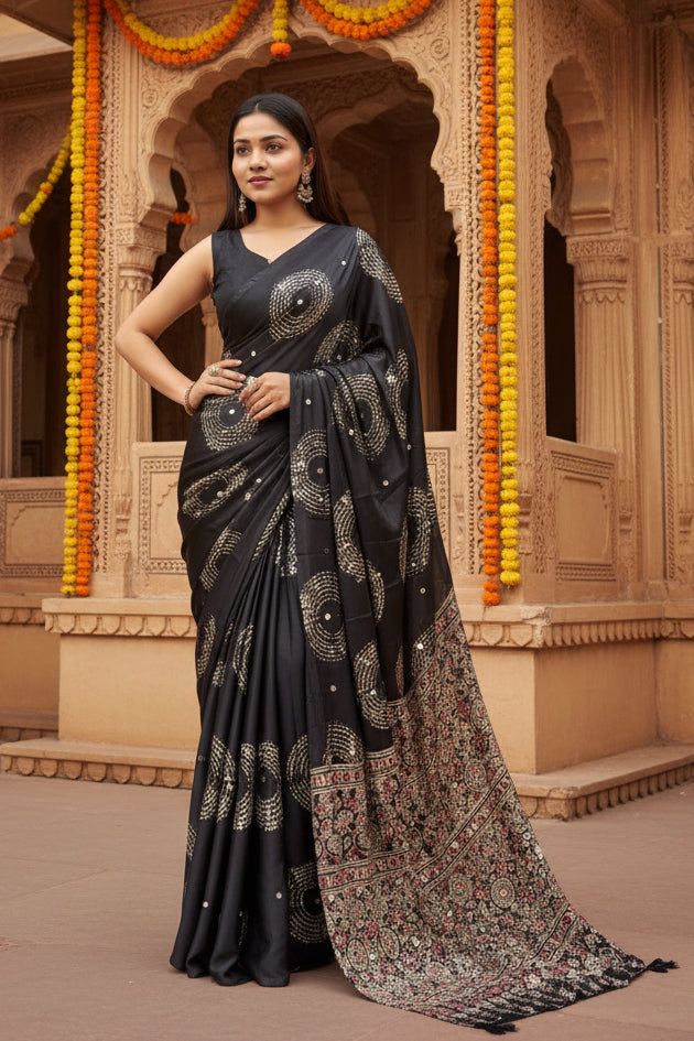 Satin Silk Heavy Mirror Work Saree With Unstitched Blouse (BLACK) image 2