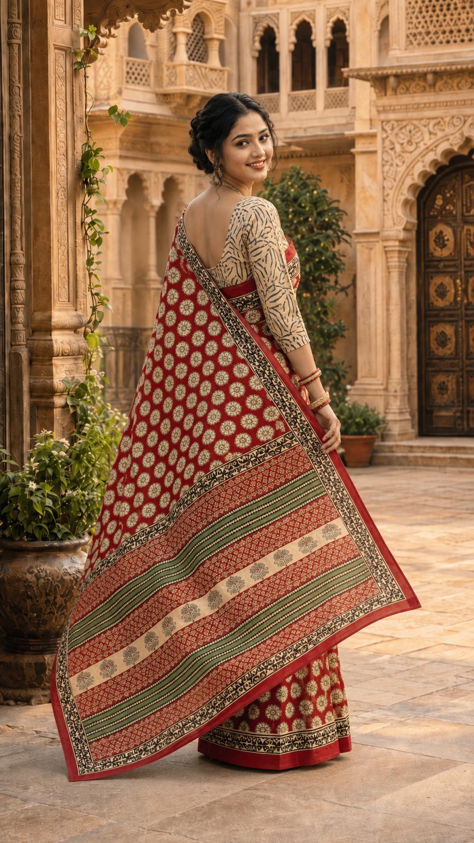 Primum Pure Mulmul Cotton Bagru Print Saree With Unstitched Blouse (RED) image 2