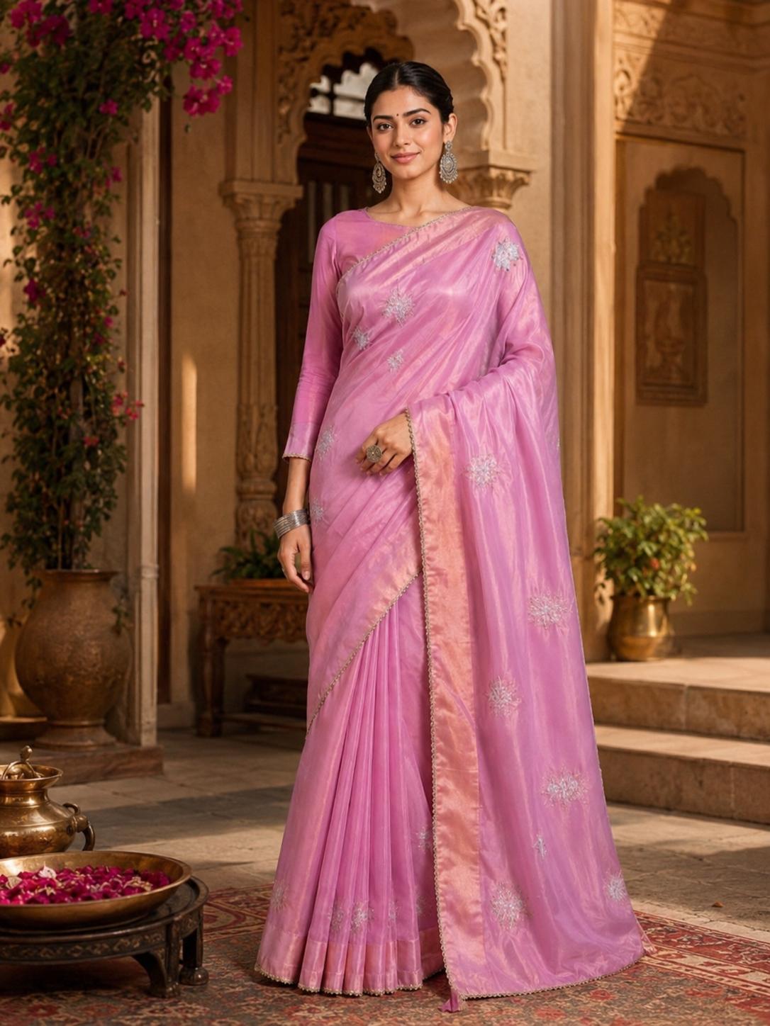 Gold Span Embroidery Moti Beats Zari Patta Border Silk Saree With Unstitched Blouse (PINK) image 2