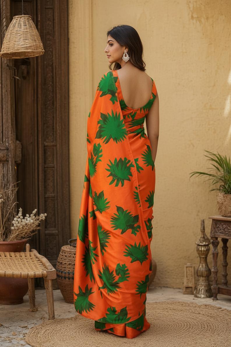 Satin Silk Printed Saree With Unstitched Blouse(orange) image 2