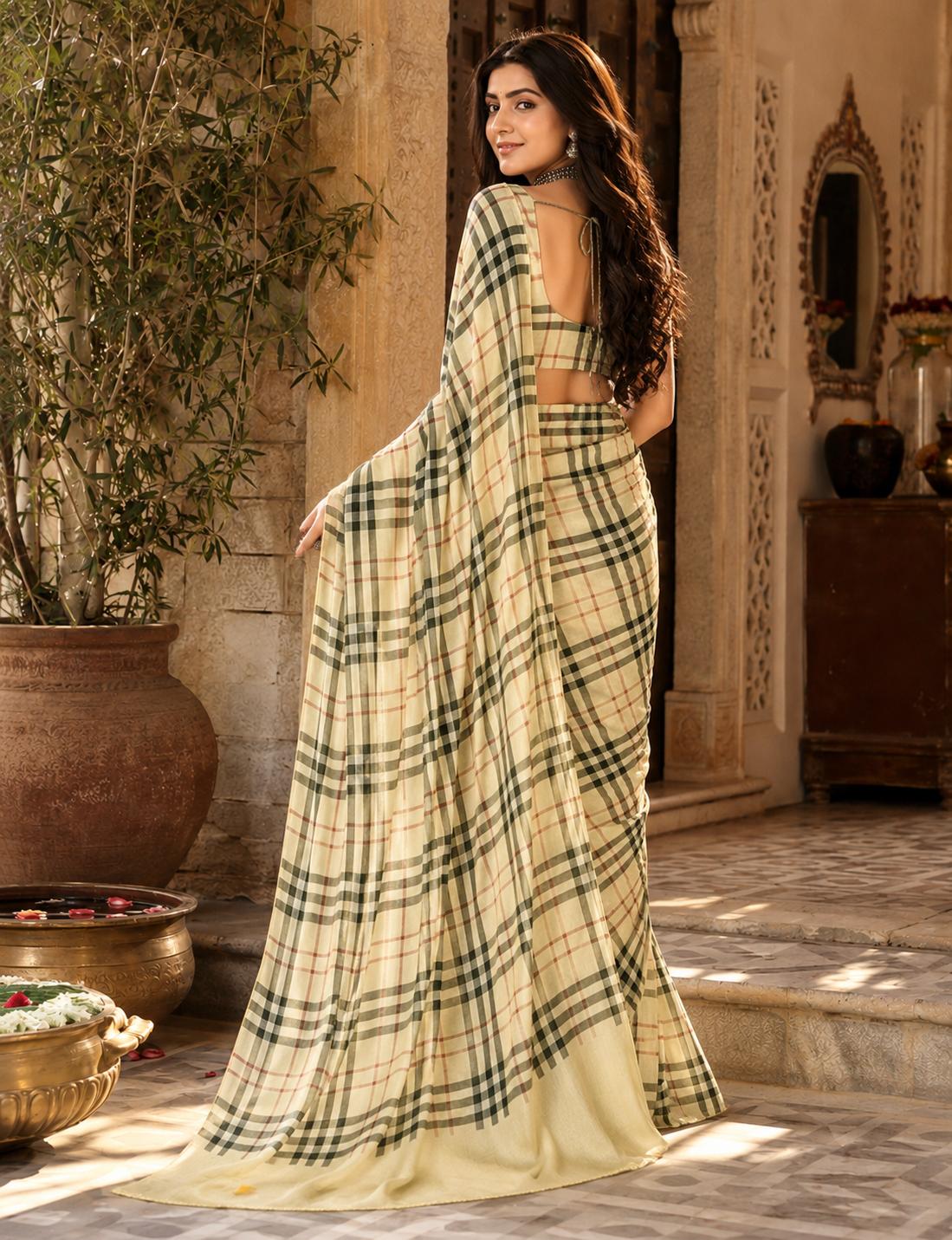 Satin Silk Printed Saree With Unstitched Blouse(cream) image 2