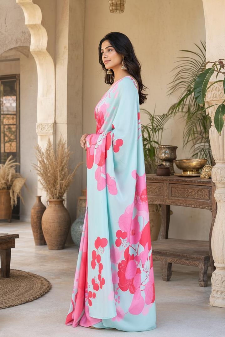 Satin Silk Printed Saree With Unstitched Blouse(sky) image 2