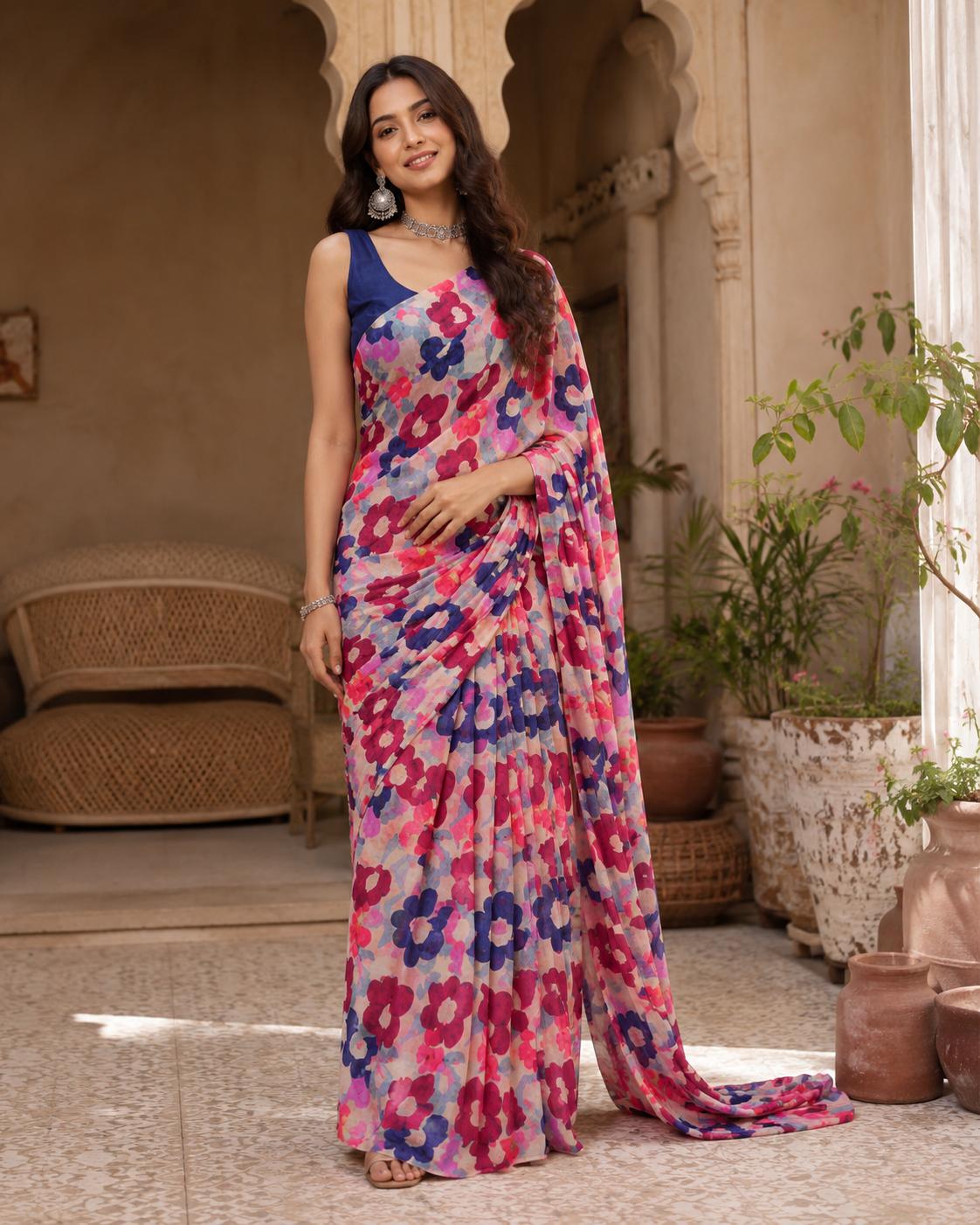 Premium Crepe Silk Floral Print Saree With Unstitched Blouse(red) image 2