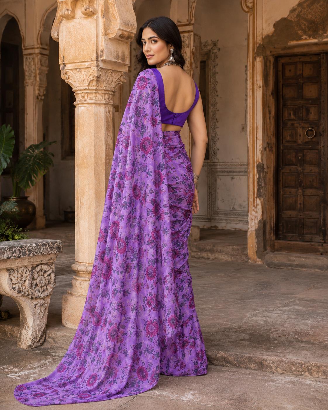 Premium Crepe Silk Floral Print Saree With Unstitched Blouse(lavender) image 2