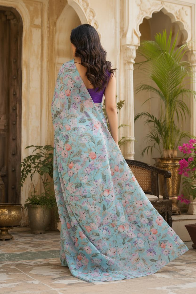 Premium Crepe Silk Floral Print Saree With Unstitched Blouse(sky) image 2