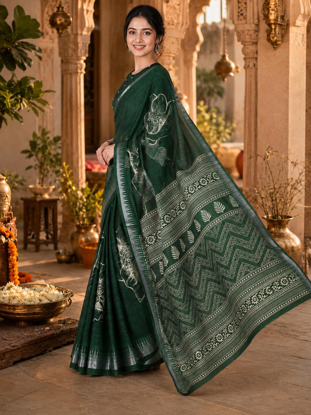 Premium Slub Silk Floral Printed Zari Border Saree With Unstitched Blouse (BOTTLE Green) image 2