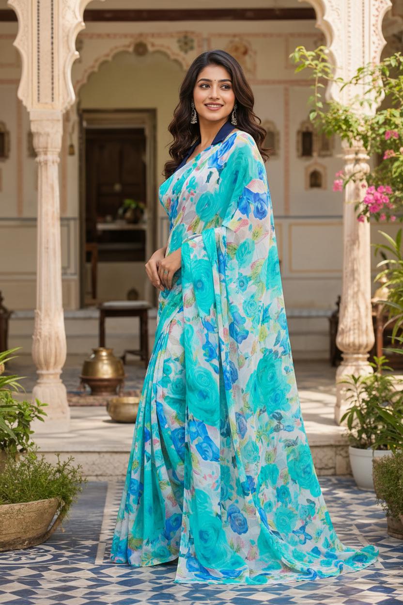 Satin Silk Floral Printed Saree With Unstitched Blouse(blue) image 2