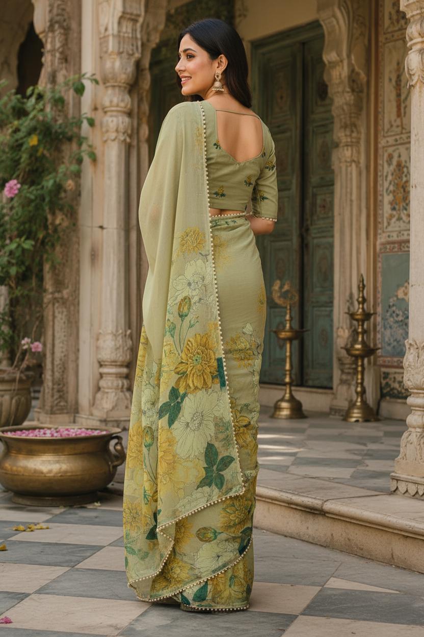 Pure Silk Floral Print Saree With Unstitched Blouse(green) image 2