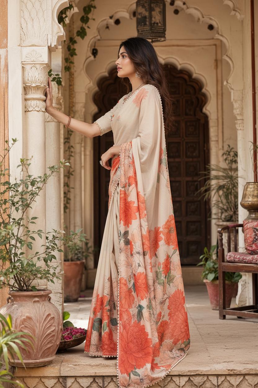Pure Silk Floral Print Saree With Unstitched Blouse(beige) image 2
