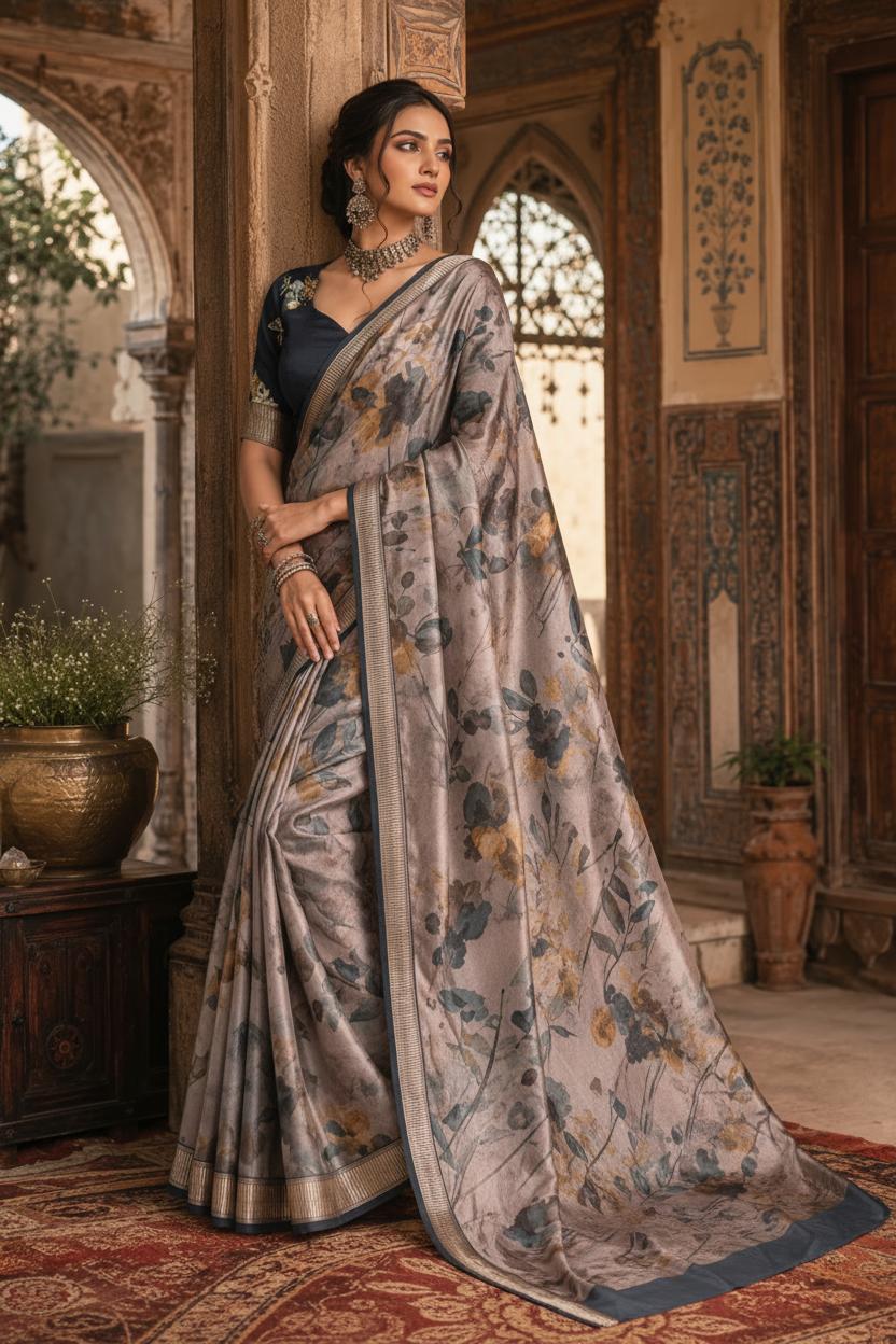 Tussar Silk Floral Printed Saree With Unstitched Blouse(brown) image 2