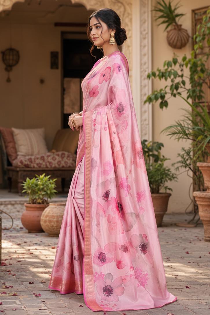 Tussar Silk Floral Printed Saree With Unstitched Blouse(pink) image 2