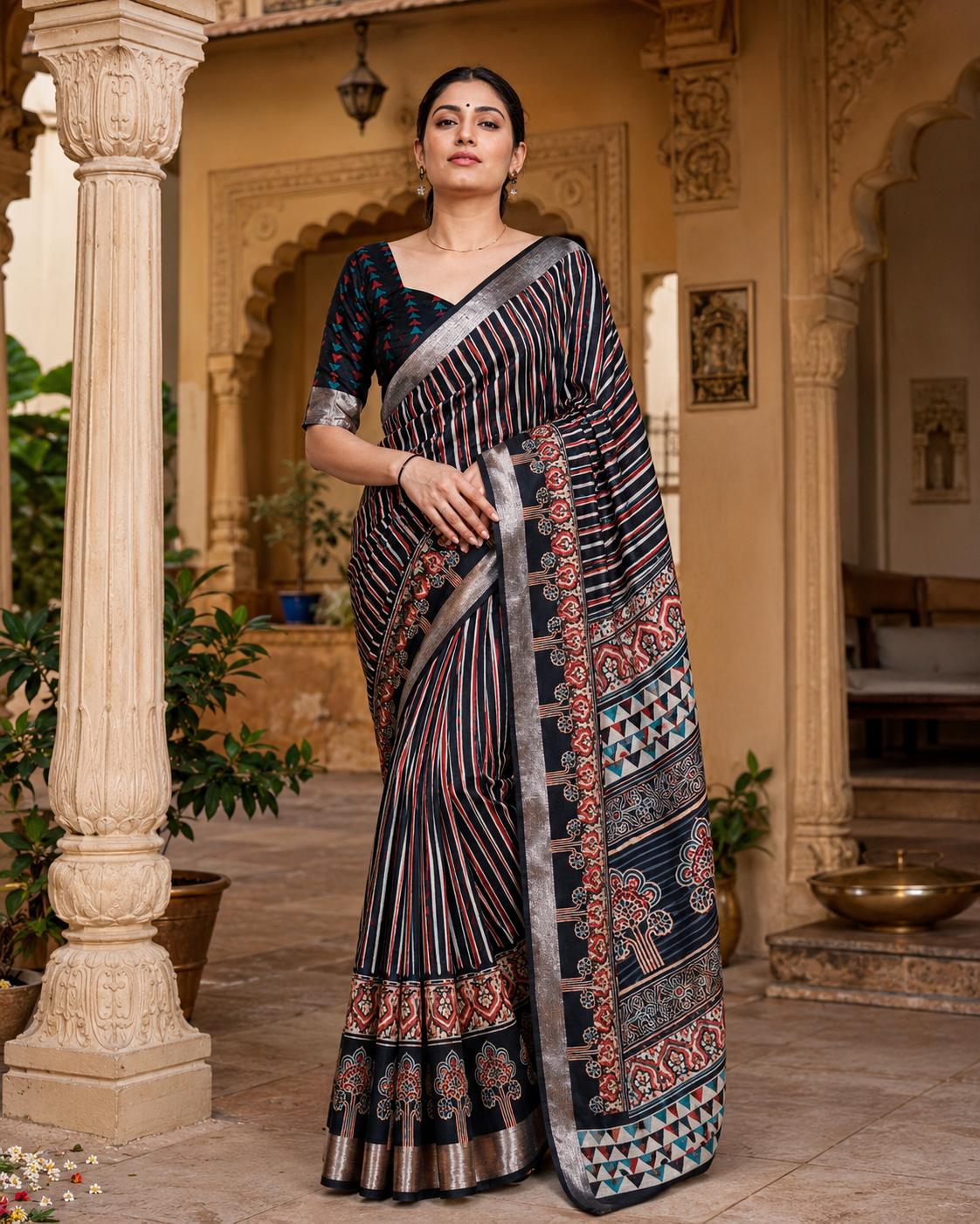 Tussar Silk Printed Saree With Unstitched Blouse(black) image 2