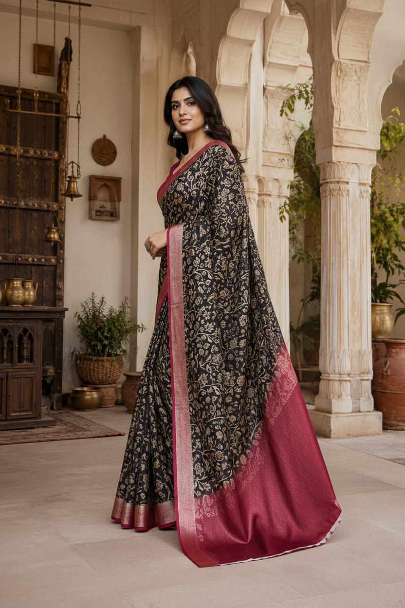 Tussar Silk Printed Saree With Unstitched Blouse(black) image 2