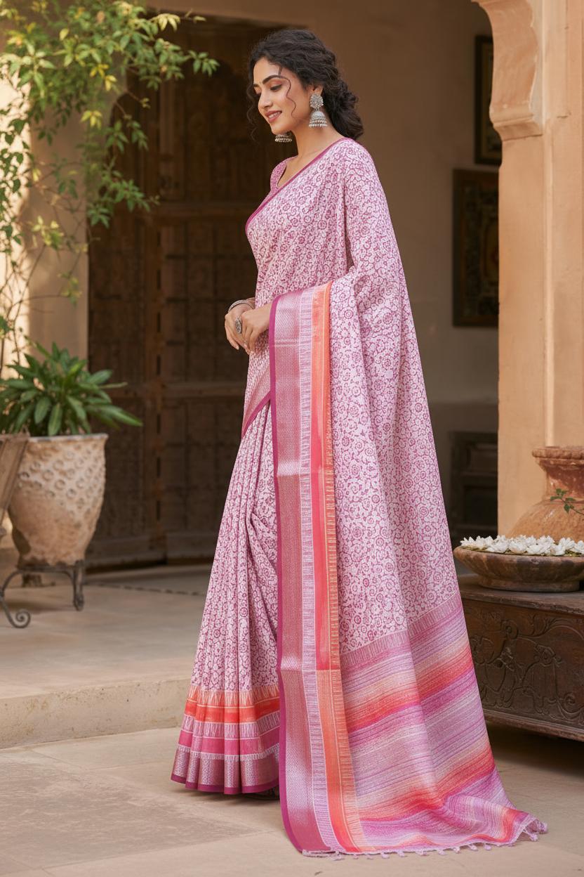 Tussar Silk Printed Saree With Unstitched Blouse(light Pink) image 2