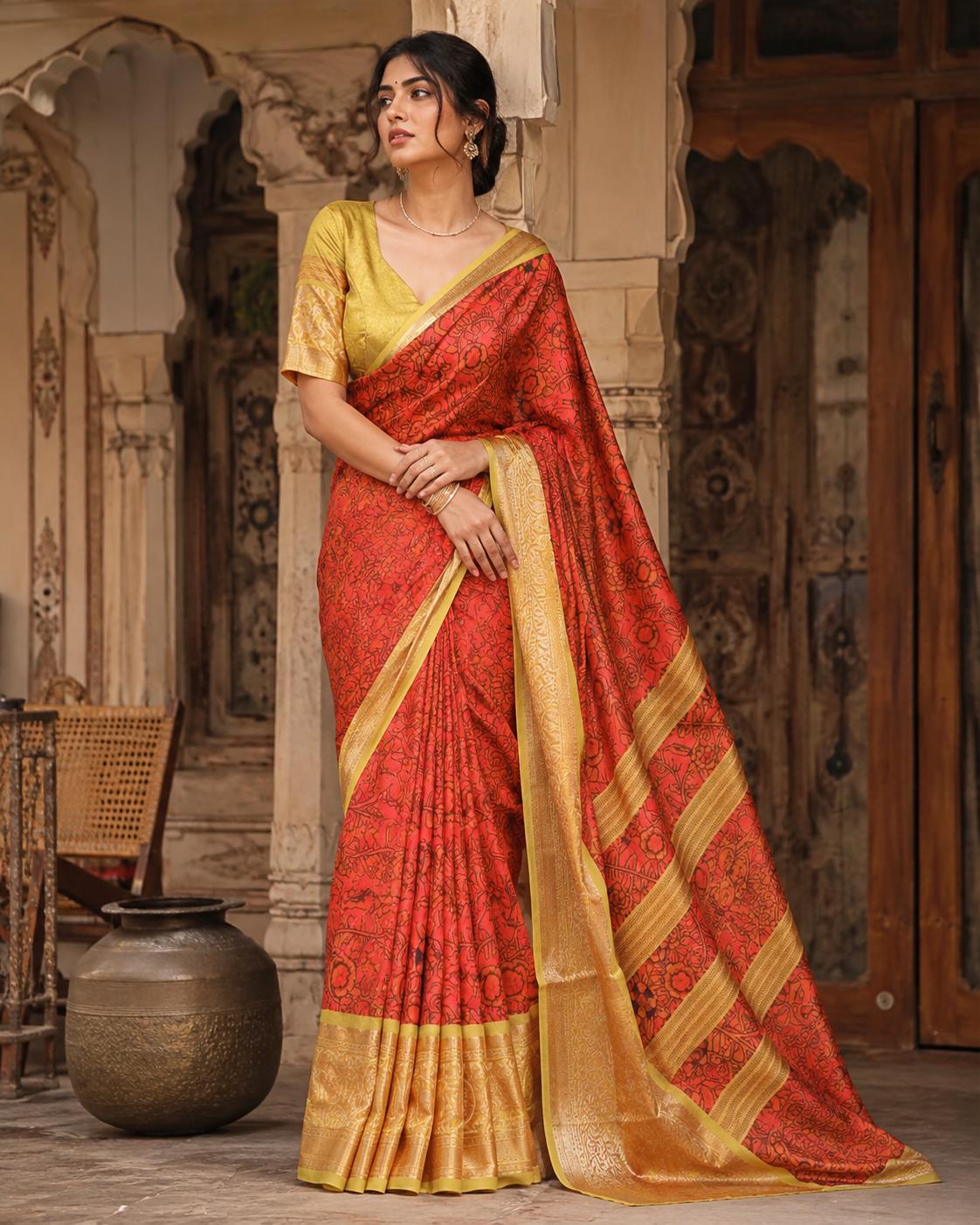 Tussar Silk Printed Saree With Unstitched Blouse(orange) image 2