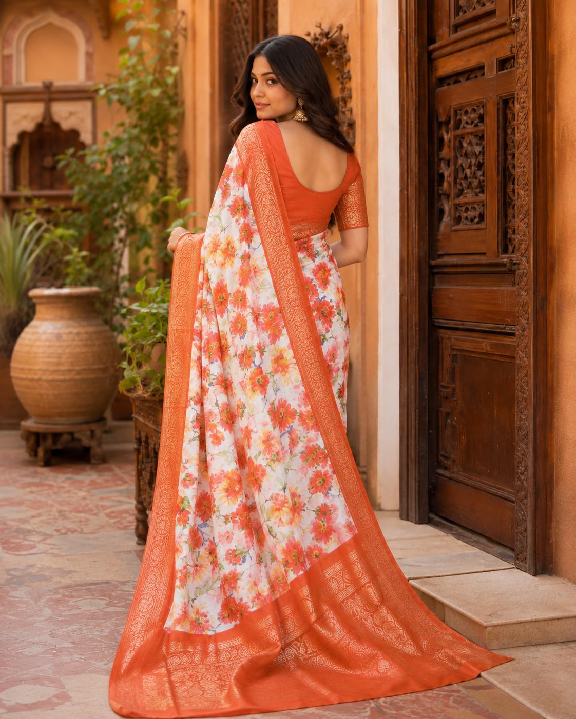 Tussar Silk Printed Saree With Unstitched Blouse(white) image 2