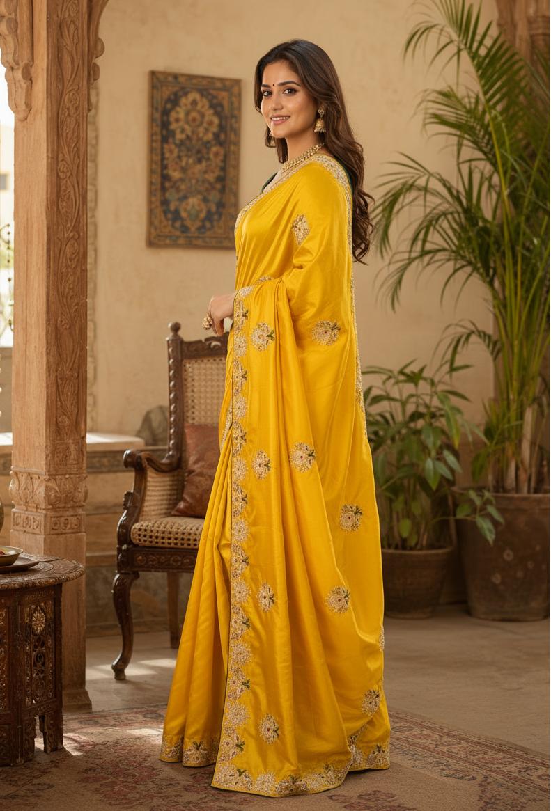 Premium Satin Silk Saree With Unstitched Blouse(yellow) image 2