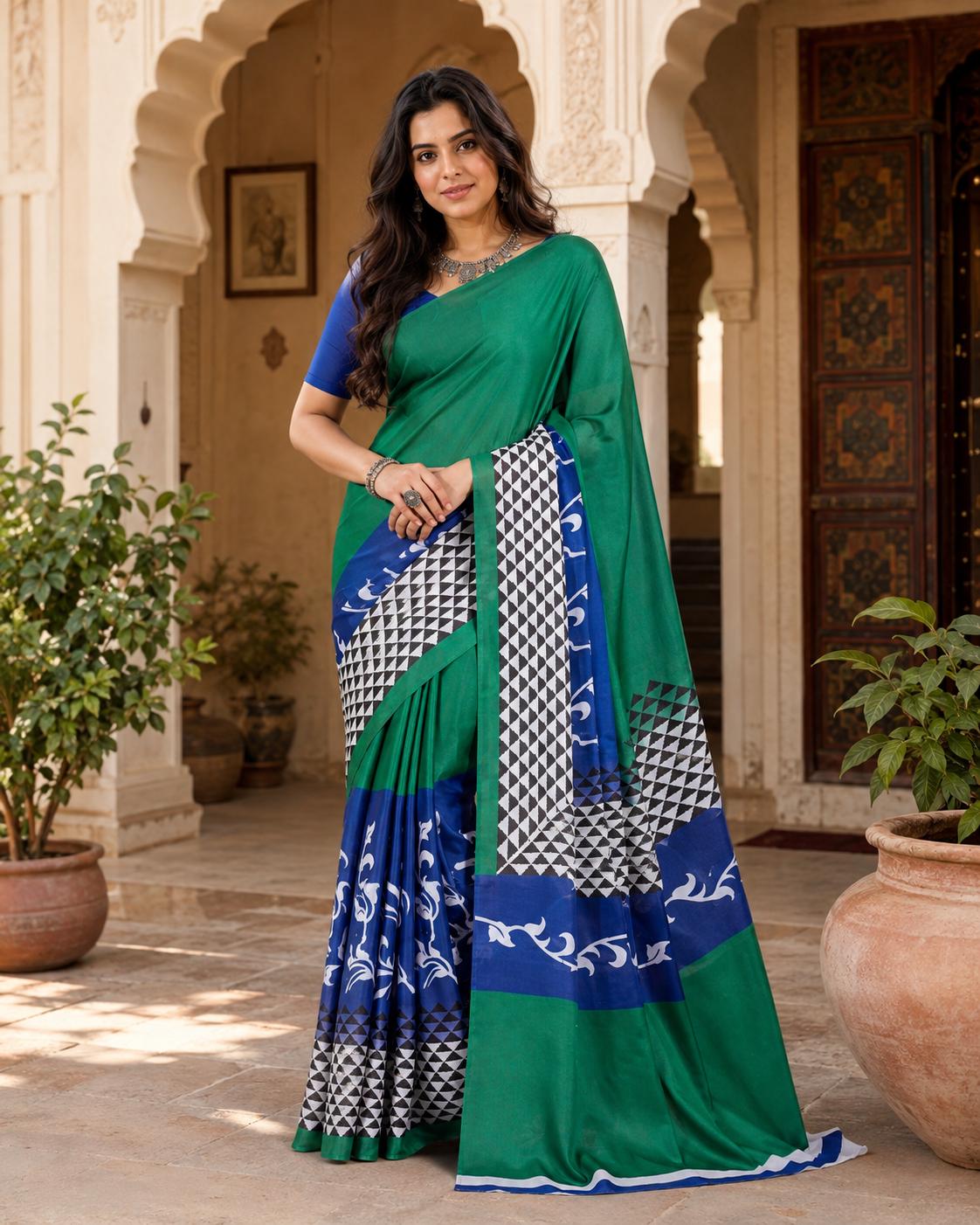 Satin Silk Printed Saree With Unstitched Blouse(green) image 2
