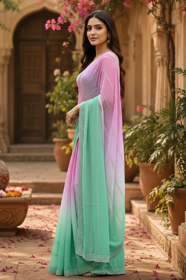 Georgette Swarovski Printed Saree With Unstitched Blouse(lavender) image 2