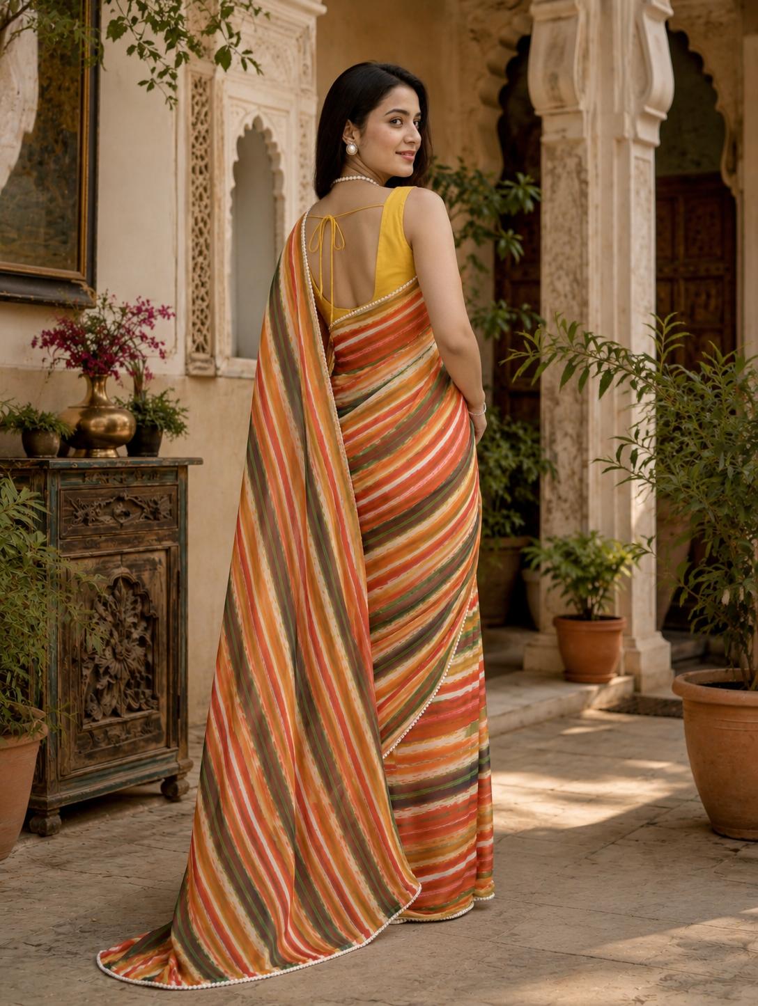 Organza Lehriya Printed Moti Lace Work Saree With Unstitched Blouse(salmon) image 2