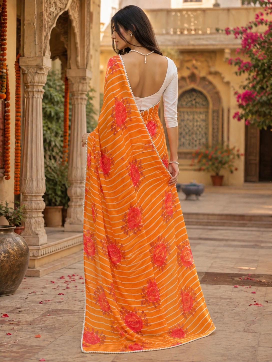 Organza Lehriya Printed Moti Lace Work Saree With Unstitched Blouse(orange) image 2