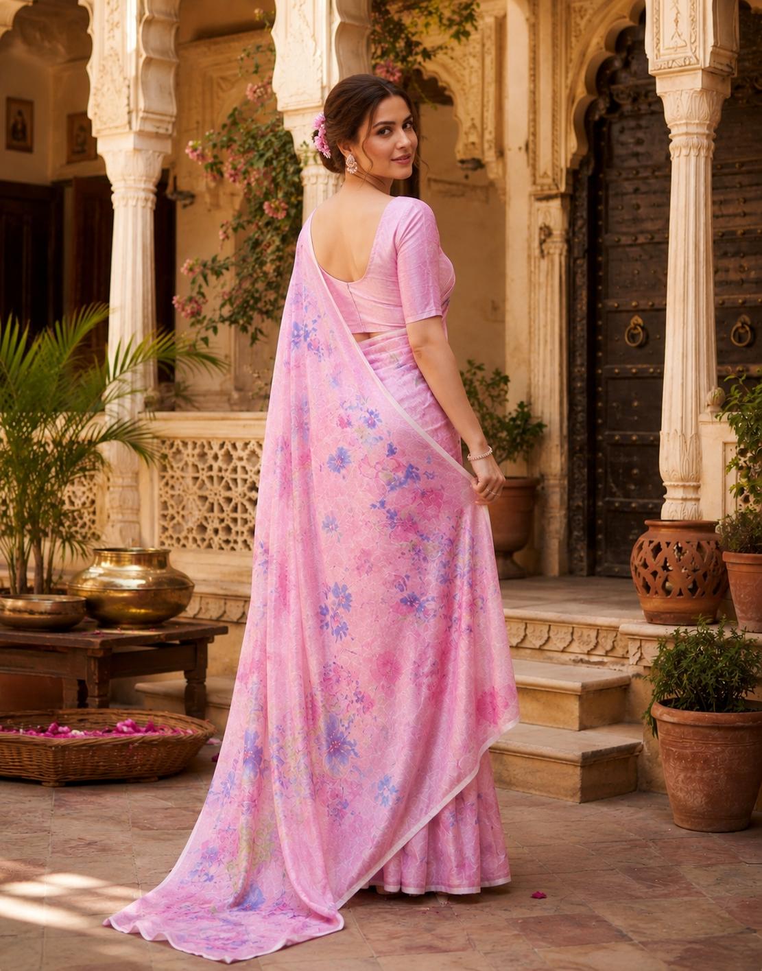 Satin Silk Digital Print Saree With Unstitched Blouse(pink) image 2