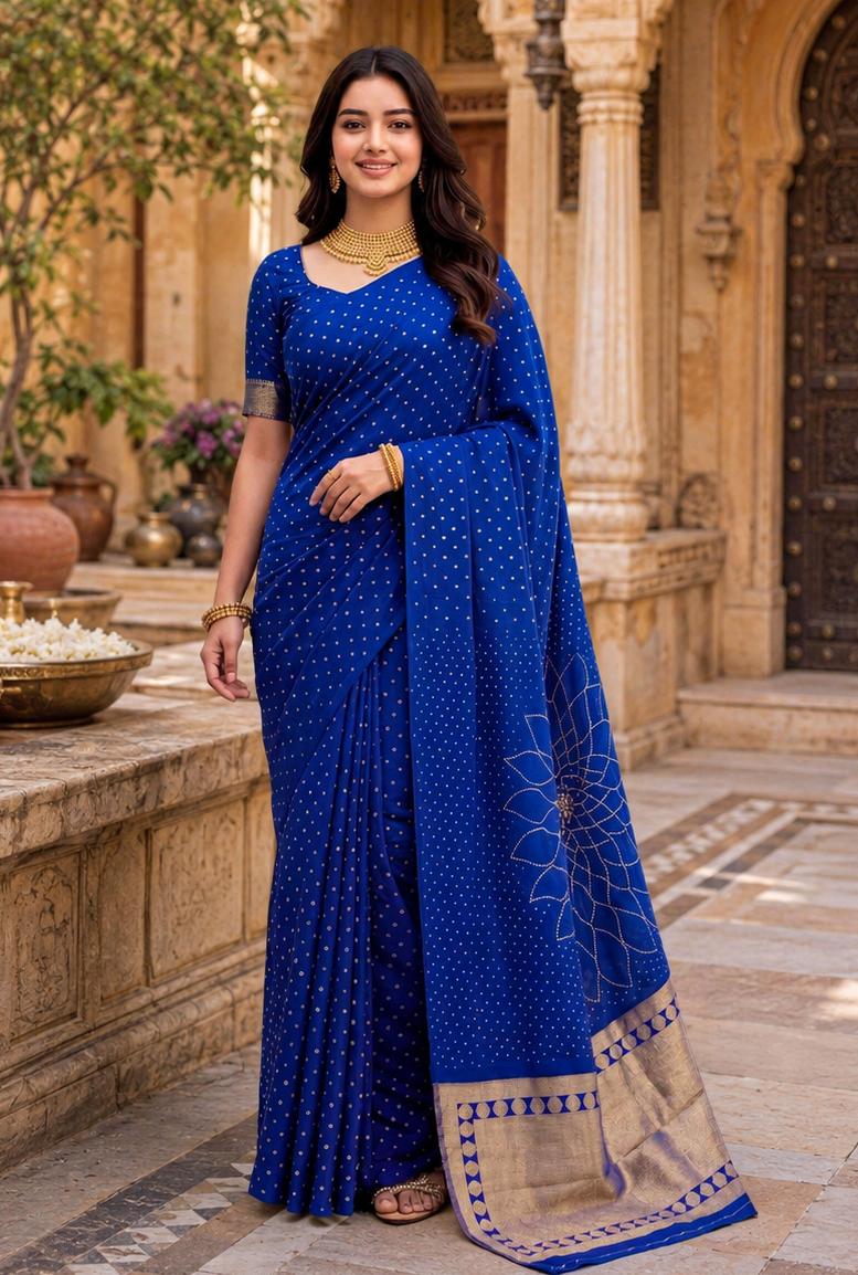 Satin Silk Bandhani Bhej Work Saree With Unstitched Blouse(blue) image 2