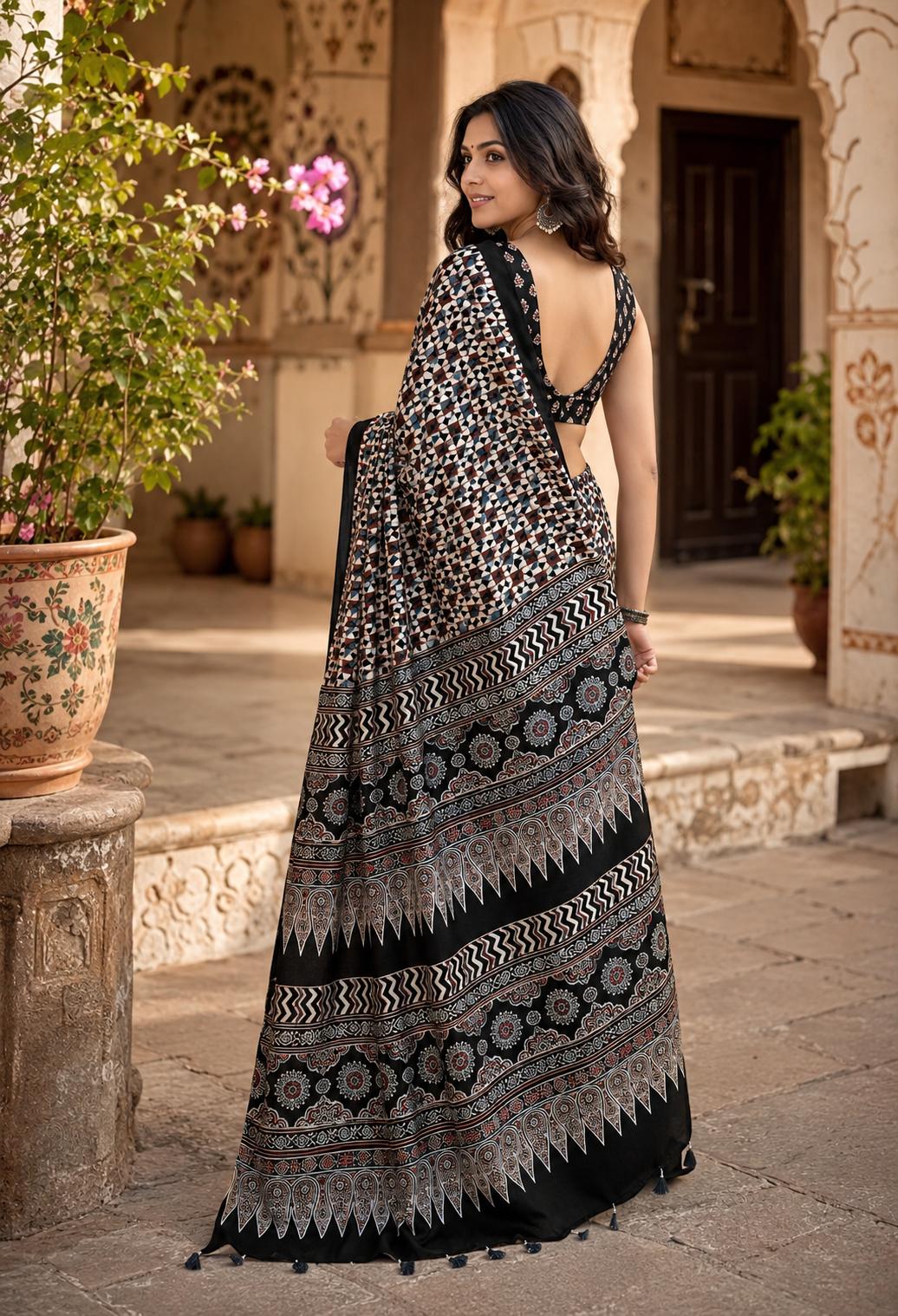 Satin Silk Mill Printed Saree With Unstitched Blouse(black) image 2