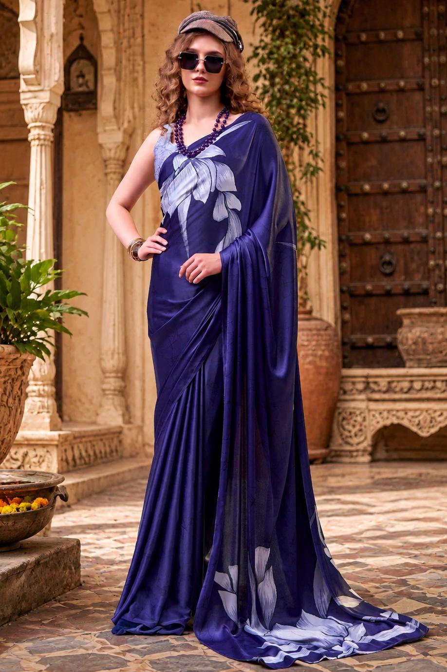 Stunning Satin Silk Floral Printed Saree With Unstitched Blouse(blue) image 2