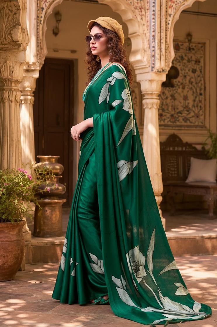 Stunning Satin Silk Floral Printed Saree With Unstitched Blouse(green) image 2