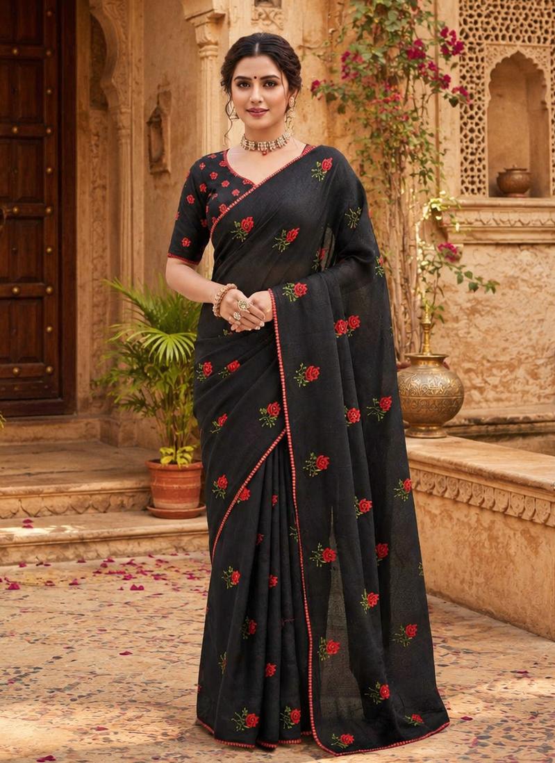 Premium Soft Kota Doria Saree With Unstitched Blouse(black) image 2