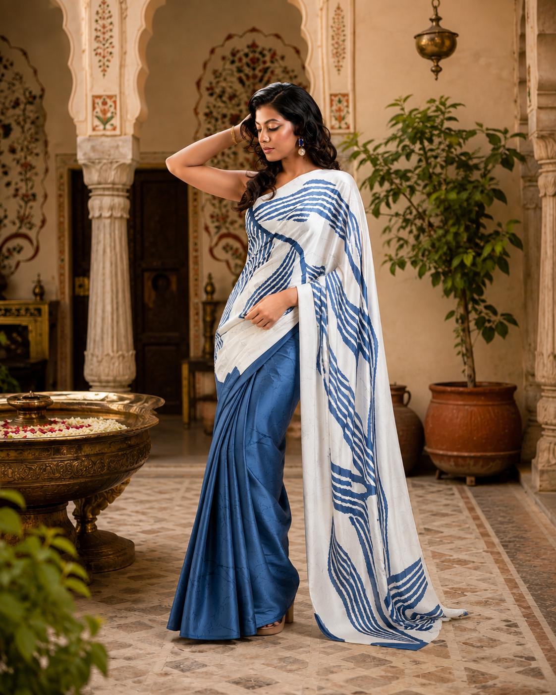 Satin Silk Digital Printed Saree With Unstitched Blouse(blue) image 2