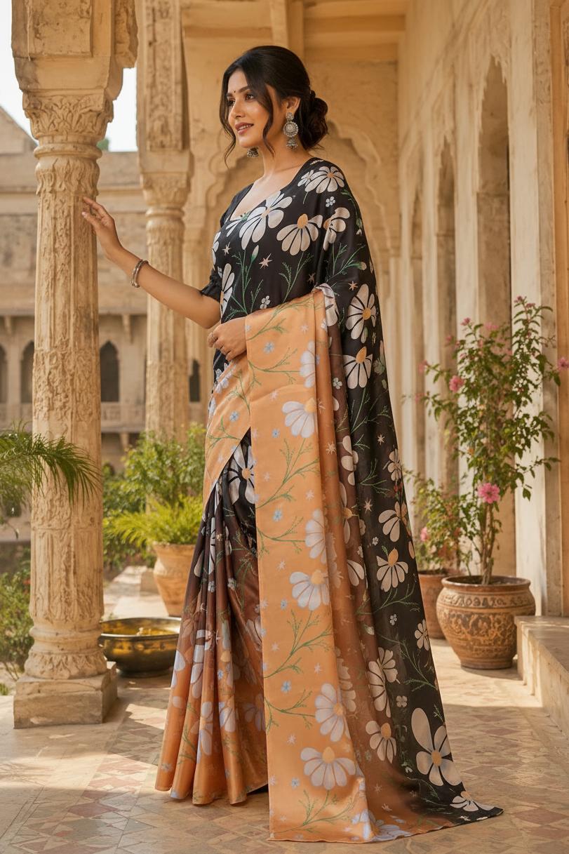 Satin Silk Printed Saree With Unstitched Blouse(peach) image 2