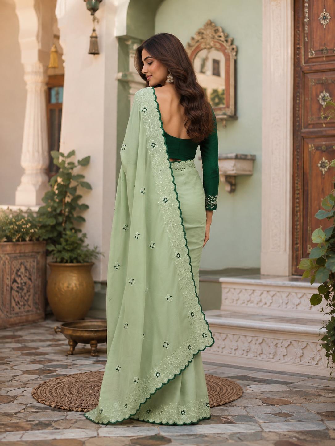 Premium Georgette Saree With Unstitched Blouse(green) image 2