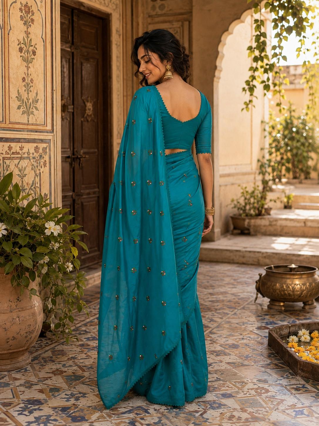 Soft Silk Embroidery Saree With Unstitched Blouse(blue) image 2