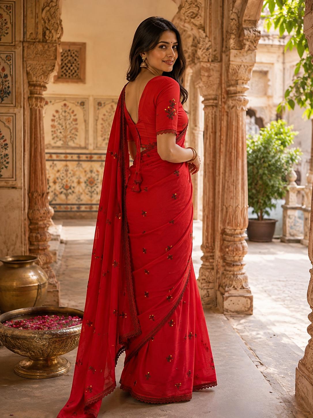 Soft Silk Embroidery Saree With Unstitched Blouse(red) image 2