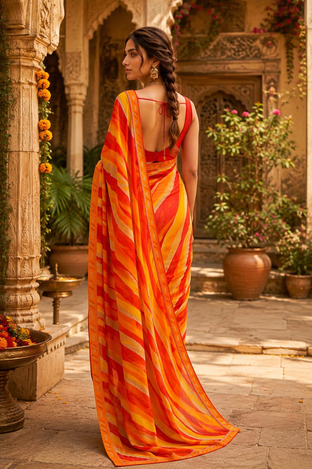 Georgette Digital Print Saree With Unstitched Blouse(orange) image 2