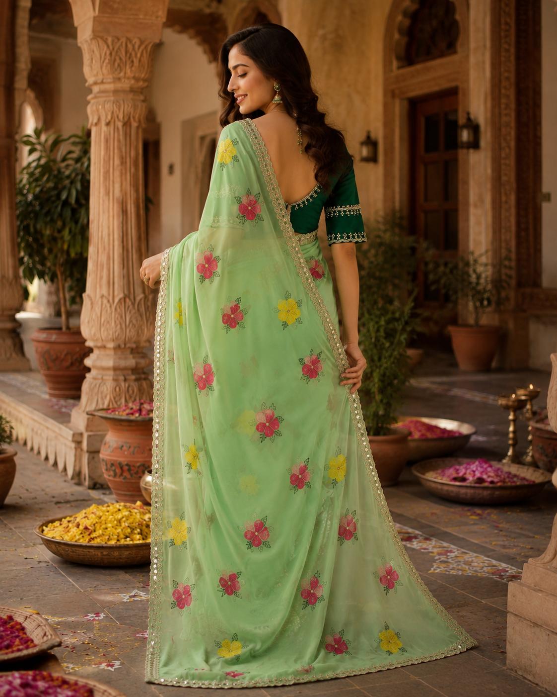 Soft Rangoli Silk Embroidery & Mirror Work Saree With Unstitched Blouse(green) image 2