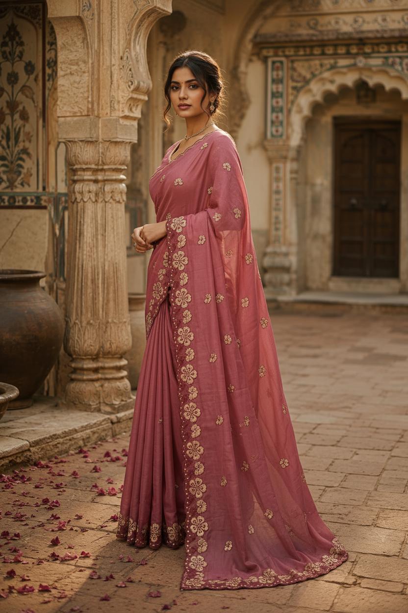 Premium Georgette Heavy Work Saree With Unstitched Blouse(pink) image 2